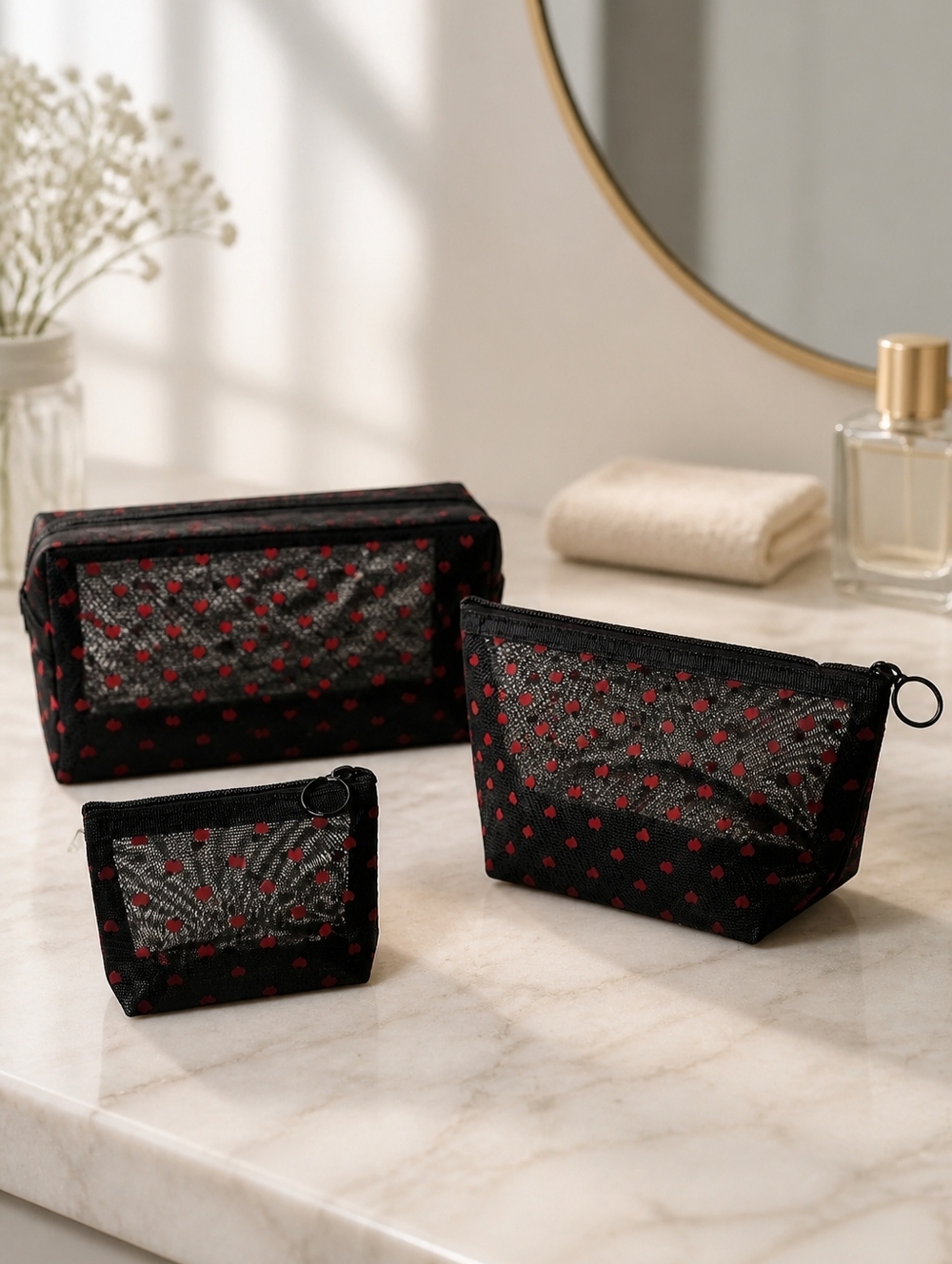 Black and Red Heart Mesh Cosmetic Pouch Set